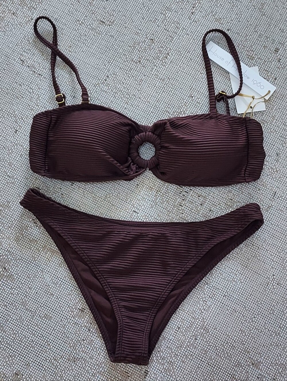 House of Harlow 1960 Bikini Set Brown Ribbed Bandeau Top With Cover Up Skirt NWT - Picture 4 of 8